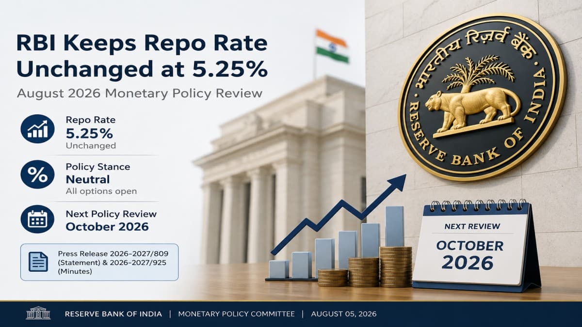 RBI Keeps Repo Rate Unchanged at 5.25% in August 2026 Monetary Policy Statement, Retains Neutral Stance